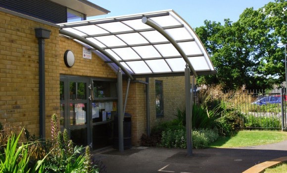 curved entrance canopy